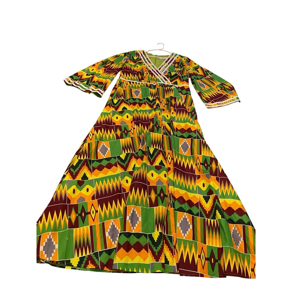 ⁠Binta Real Wax African Dashiki Maxi Dress XXL Kente Print Bell Sleeve Flare